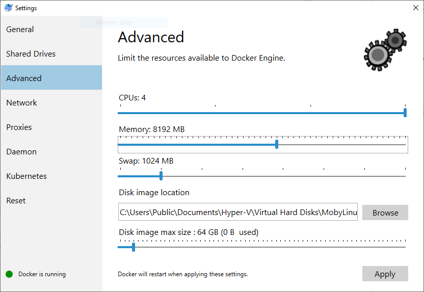 Setting 8Gb of memory in Docker for Windows