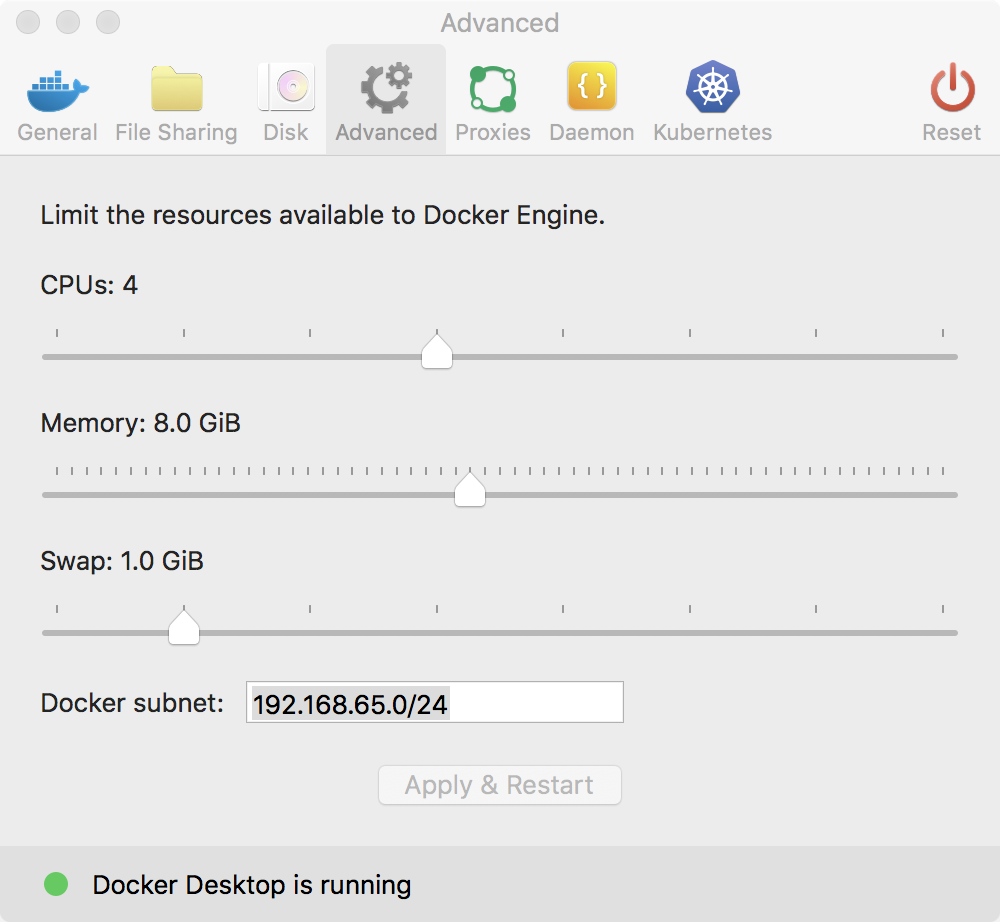 Setting 8Gb of memory in Docker for Mac